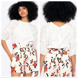 Tanya Taylor Cassidy Puff Sleeve Back Tie Top Blouse‎ White XS